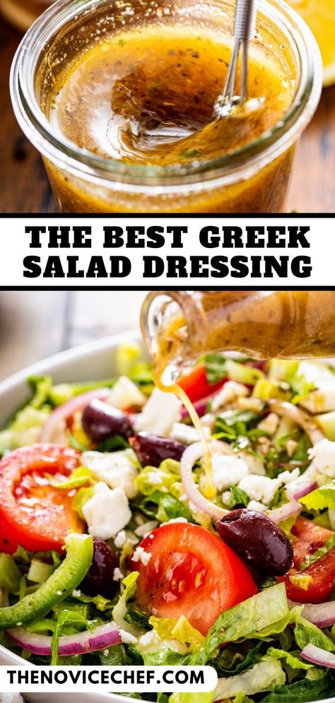 This flavorful Greek salad dressing recipe is made with tangy dijon mustard, zesty lemon juice, and homemade Greek seasoning. So good! Greek Salad Recipe Dressing, Greek Tomato Salad, Mediterranean Dressing Recipes, Best Greek Salad Dressing, Greek Dressing Recipe, Healthy Greek Salad, Mediterranean Salad Dressing, Easy Greek Salad, Greek Salad Dressing Recipe