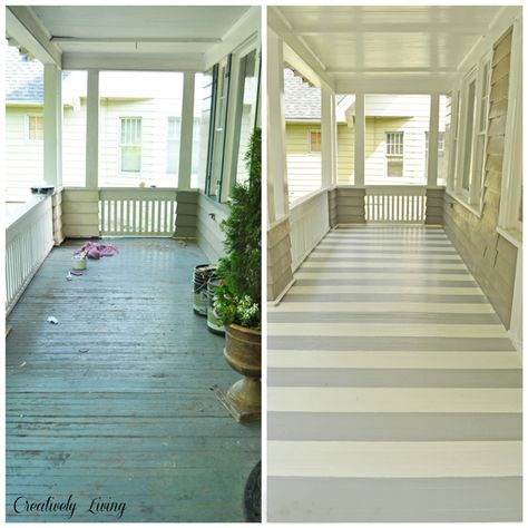 Striped flooring on a porch adds so much character! See project details here. Paint Porch, Painted Porch Floors, Painting Floors, Painted Porch, Porch Paint, Porch Floor, Porch Rug, Porch Flooring, Front Porches