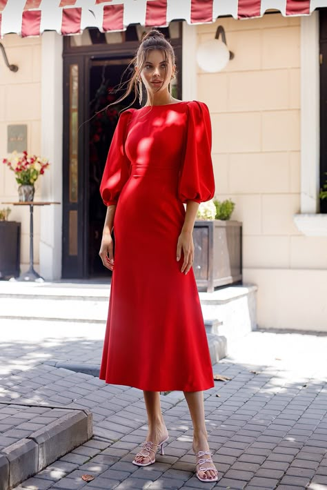 Midi Puff Sleeve Dress, Red Puff Sleeve Dress, Red Dress Midi, Red Formal Dresses, Puff Sleeve Midi Dress, Radiate Confidence, Red Dresses Classy, Wear Store, Red Dress Style