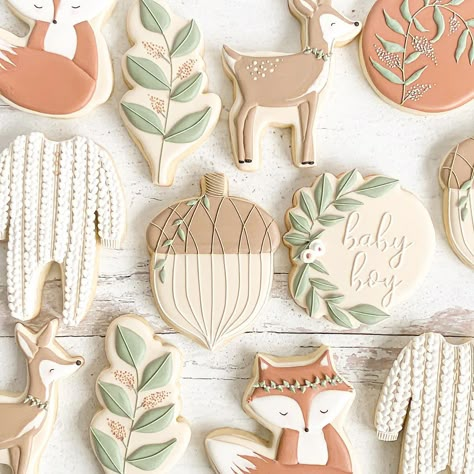 Baby Animal Theme Baby Shower Ideas, Woodland Cookies Decorated, Woodland Baby Shower Cookies, Fox Baby Shower Theme, Woodland Animal Cookies, Forest Baby Shower Theme, Woodland Cookies, Girl Woodland Baby Shower, Woodland Baby Shower Theme