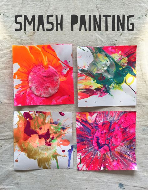 Kids use cotton rounds, mallets and paint to make mini smash paintings. Smash Painting, Messy Art, Spin Art, Collaborative Art, Camping Art, Process Art, Mini Paintings, Preschool Art, Art Club