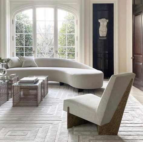 Thomas Pheasant, Table Designs, Living Room Lounge, Neutral Minimalist, Neutral Interiors, Curved Sofa, Neutral Decor, Beautiful Furniture, Wooden Table