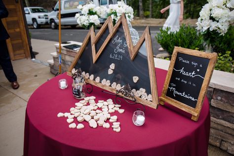 Handmade wooden mountain scape guest book | Smoky Mountain Wedding | The Magnolia | Katie Hannah Photo | Absolute Wedding Perfection Mountain Wedding Aisle Decor, Mountain View Wedding Decor, Hiking Theme Wedding Favors, Mountain Lodge Wedding Decor, Mountain Wedding Table Settings, Mountain Wedding Bridesmaid Gifts, Mountain Wedding Guest Book, Mountain Guest Book, Mountain Wedding Decorations Table