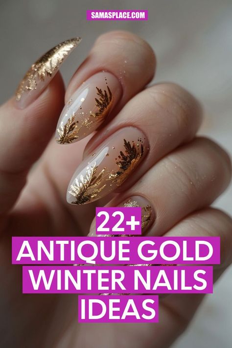 Featuring a nude base with delicate gold leaf accents, this stiletto nail design exudes a natural wintery charm. Perfect for those seeking an earthy yet elegant holiday look, it’s versatile enough for any seasonal event. Modern Winter Nails, Nude Nails With Gold Accent, Simple Gold Nails, Nude Gold Nails, Gold Leaf Nail Art, Nude Winter Nails, Gold Winter Nails, Nails With Gold Accent, Gold Flake Nails