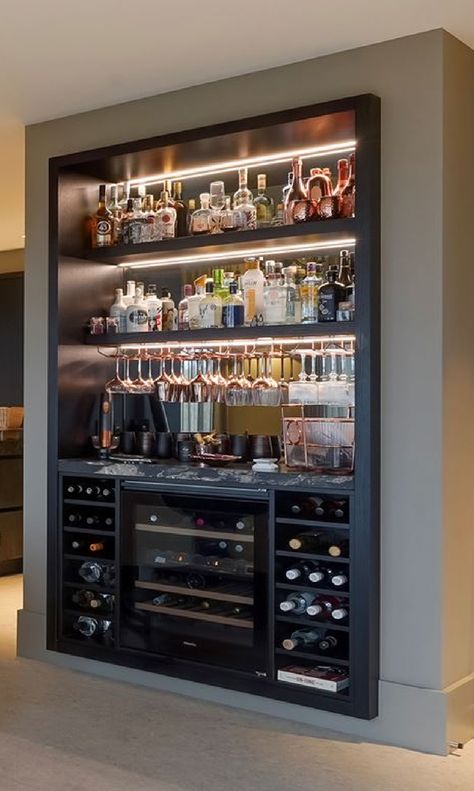 Liquor Pantry Ideas, Home Bar Wine Fridge, Cocktail Bar Living Room, Mirrored Back Bar, Drinks Area In Kitchen, Shelf Bar Design, Home Gin Bar, Ikea Home Bar Ideas, Kitchen Drinks Station