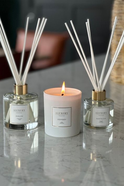 Create the perfect mood at home with scented candles and scent diffusers in stylish designs. ⚡ We offer a great selection of signature diffuser scents that will make your space smell incredible. Our diffuser scents are safe for use around pets and children. The perfect way to uplift and be happy. 💜 #aluxury #homescents #waxmeltburner #scentcollection #pyrus #essentialoils #avalon #scentdiffuser #odyssey #candle #scentedcandles Nature Fragrance, Bedroom Candles, House Smell Good, Massage Candle, Home Smell, Aroma Candle, Scent Diffuser, Candle Aesthetic, Candle Inspiration