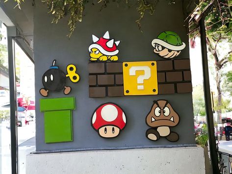 Mario Bros Wall Art, Mario Cart Hallway Decorations, Mario Bros Office Decorations, Super Mario Characters Drawing, Mario Brothers Trunk Or Treat, Mario Kart Decorations, Diy Mario Birthday Party, Diy Mario Decorations, Mario Trunk Or Treat