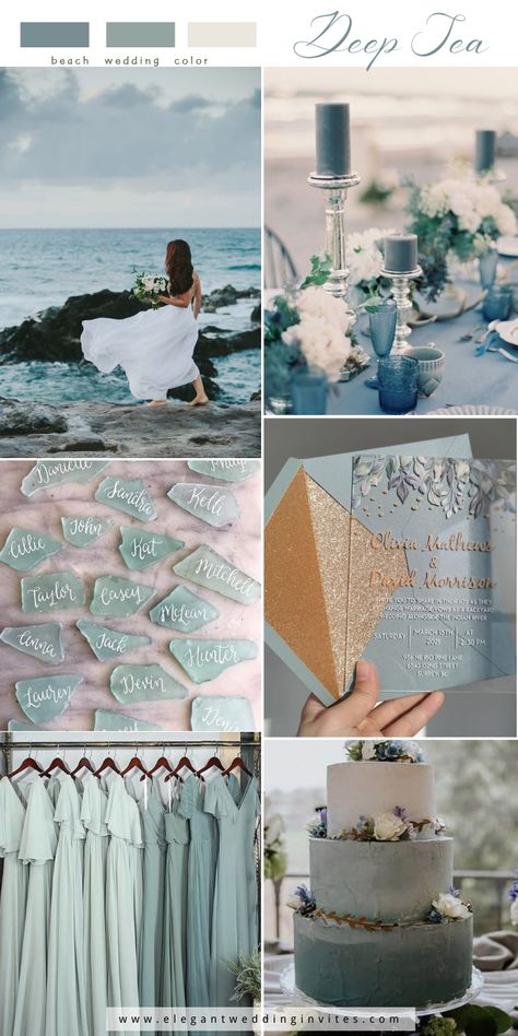 romantic deep sea and sage green beach wedding color palette Sea Wedding Theme, Beach Wedding Color Palette, Wedding Colors Schemes, Beach Wedding Colors Schemes, Ocean Wedding Theme, Beach Wedding Pink, Sea Glass Wedding, Blue Beach Wedding, Popular Wedding Colors