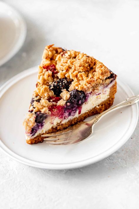 Berry streusel cheesecake is the perfect combination of two classic desserts: cheesecake and crumb cake. This creamy and smooth cheesecake is topped with a layer of juicy berries and a sweet and buttery streusel. It’s an easy way to enjoy two desserts in one! #streuselcheesecake #cheesecakerecipe #berrycheesecake #cheesecake #bakedambrosia | bakedambrosia.com Berry Streusel, Smooth Cheesecake, Cheesecake Baked, Desserts Cheesecake, Berry Cheesecake, Creamy Desserts, Crumb Cake, Inspo Pics, Classic Desserts