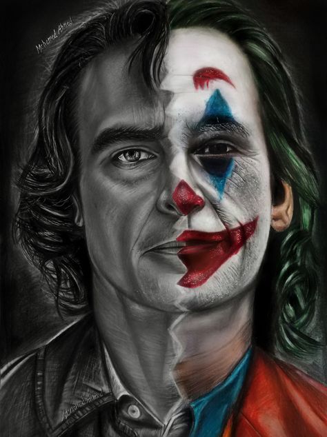 Joker Half Face Drawing, Half Face Art Drawings, Sketches Half Face, Half And Half Face Drawing, Half Joker Face, Joker Half Face, Half Face Art, Half Face Painting, Joker Face Drawing