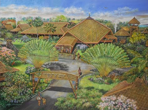 Pre-Colonial Goldsmithing Village by JBulaong 2019 oil on canvas #PreColonialPhilippines #Maharlika #JBulaong #islandsofgold #Ophir  #oiloncanvas #painting #Philippinearchitecture #indigenousarchitecture #goldsmithingvillage #baybayin #utopia Philippine Pre Colonial Art, Pre Colonial Philippines Aesthetic, Pre Colonial House Philippines, Pre Colonial Philippines Architecture, Pre Colonial Philippines Art, Pre Colonial Philippines, Colonial Philippines, Jungle Pictures, Philippine Culture