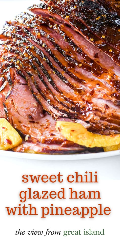 My sweet chili pineapple glazed ham is so easy with a spiral cut ham ~ don't be surprised if the family demands this it for every occasion! Peach Ham Glaze Recipe, Peach Glazed Ham, Best Spiral Ham Recipe, Pineapple Glaze For Ham, Brown Sugar Ham, Ham Recipes Baked, Meat Grill, Pineapple Ham, Pineapple Glaze