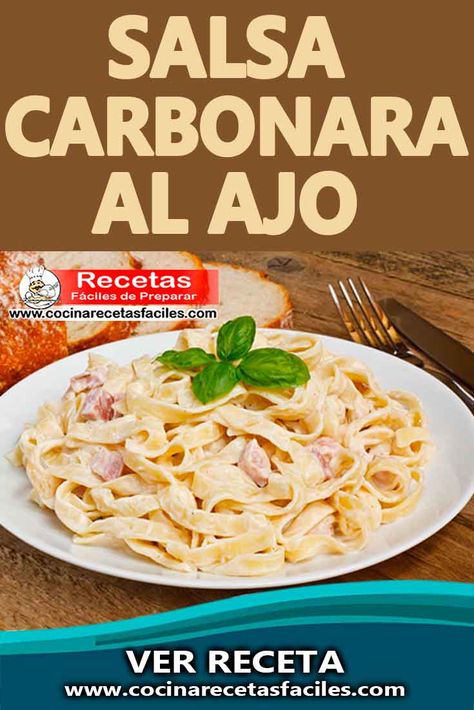 Esta deliciosa salsa carbonara al ajo es fácil de preparar y nosotros te vamos a enseñar como hacerlo en casa.[VER RECETA] #cocinarecetasfaciles #recetascaseras #recetasfaciles #recetasdesalsacarbonara Bacon, Spaghetti, Nutrition, Pasta, Ethnic Recipes