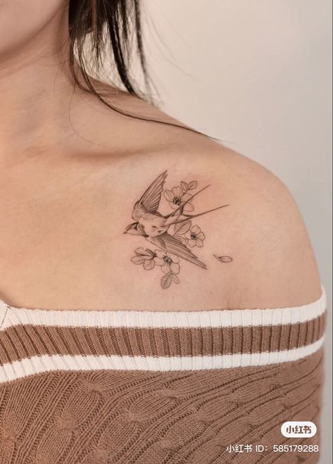 Swallow Matching Tattoo, Shoulder Tattoo Birds And Flowers, Swallows And Flowers Tattoo, Swallow Bird Tattoo With Flowers, Swallow Chest Tattoo Female, Sparrow Tattoo Women, Bird In Flowers Tattoo, Swallow Tattoo With Flowers, Sparrow Tattoo With Flowers