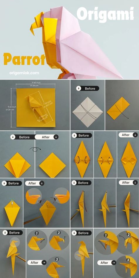 Origami Animals3 Step-by-step origami parrot instructions with illustrated folding steps and final pink and yellow paper parrot model. | Sky Rye Design Parrot Origami, Paper Parrot, Folding Steps, Popsicle Stick Catapult, Origami Parrot, Paper Plate Masks, Origami Birds, Diy Projects For Men, Bottle Cap Magnets