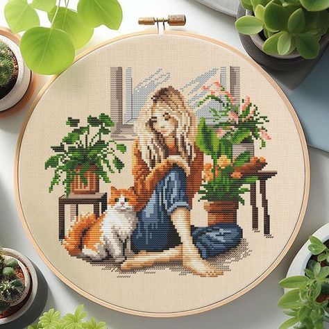 Cross Stitch Cat, Flower Cross Stitch Pattern, Cross Stitch Flower, Cross Stitch Projects Ideas, Unique Cross Stitch, Flower Cross Stitch, Cross Stitch Tutorial, Cross Stitch Cross, Stitch Cross Stitch