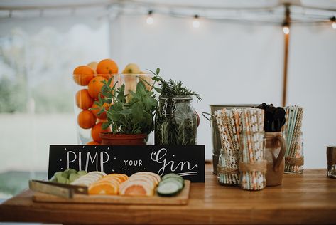 Pimp Your Gin | Homemade, Homegrown Village Marquee Wedding with Greenery | Rustic DIY Decor | Claire Fleck Photography | Second Shooter Oscar Davies Photography Gin Station Ideas, Gin Bar Wedding, Diy Gin Bar, Wedding With Greenery, Diy Wedding Bar, Asos Bridesmaid Dress, Rustic Diy Decor, Hanging Centerpiece, Reception Drink