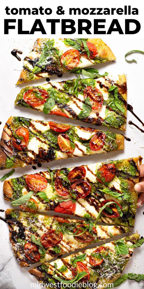 Perfect for a quick vegetarian dinner or an easy party appetizer, this Caprese flatbread takes just minutes to throw together and includes a crispy, flatbread crust, homemade spinach pesto, lots of fresh mozzarella cheese, ripe grape tomatoes and a tangy balsamic glaze along with fresh basil! Flatbread Pizza Dough Recipe, Caprese Flatbread, Flatbread Pizza Dough, Flatbread Appetizers, Easy Flatbread Recipes, Quick Vegetarian Dinner, Flatbread Pizza Recipes, Easy Flatbread, Spinach Pesto