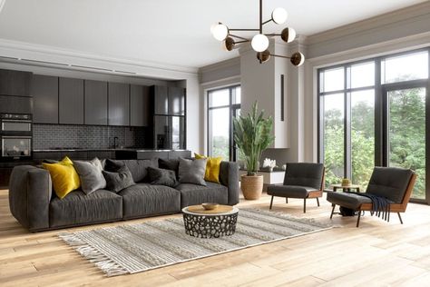 Light Hardwood Floors With Dark Furniture Apartment Living Room Wall Decor, Awkward Living Room Layout, Dark Furniture Living Room, Masculine Living Rooms, Black Furniture Living Room, Portable Room Dividers, Kitchen Beautiful, Dark Living Rooms, Light Hardwood Floors