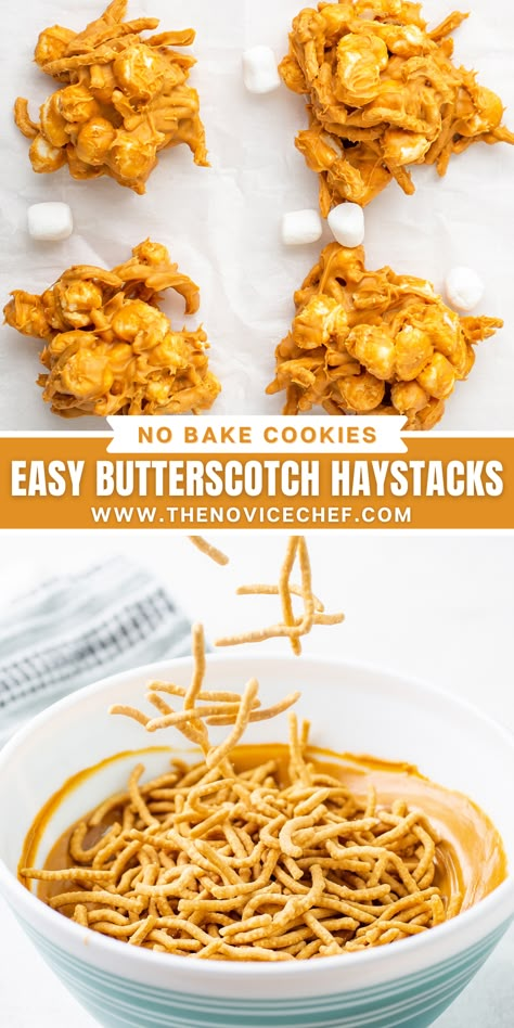 Easy Butterscotch Haystacks are a fun no-bake cookie recipe, made with crispy chow mein noodles, marshmallows, melted butterscotch candies, and peanut butter. Quick and festive! Candy Haystacks Chow Mein, Carmel Haystack, Butterscotch Haystacks No Peanut Butter, Marshmallow Haystacks Recipe, Butterscotch Haystacks With Marshmallows, Chow Mein Butterscotch Haystack Cookies, Haystack Cookies With Marshmallows, Caramel Haystacks Recipe, Chinese Noodle Cookies Butterscotch