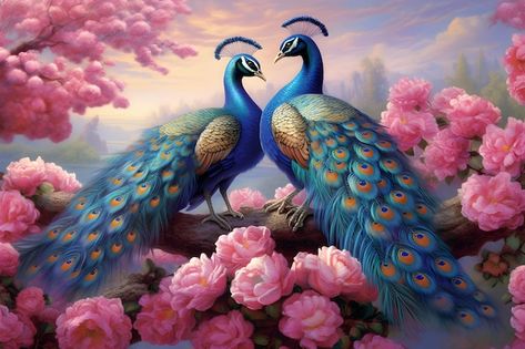 A painting of two peacocks with pink flo... | Premium Photo #Freepik #photo #pair #peacocks #peacock-vector #bird-illustration Buddha Pics, Pink Flower Top, Peacock Vector, Peacock Images, Peacock Photos, In Icon, Peacock Painting, Peacock Art, Bird Illustration