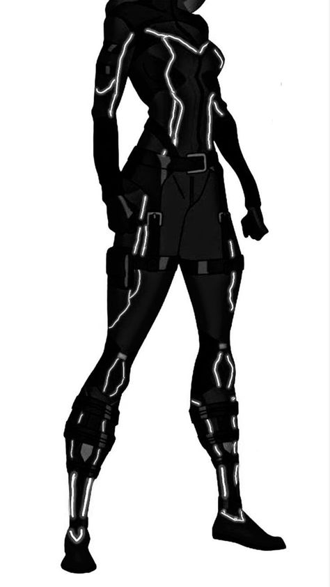 Black Supersuits Female, Supervillain Aesthetic Outfits, Worrier Outfits, Combat Suit Design, Spy Outfit Drawing, Female Villian Outfits, Black Hero Suit, Black Hero Costume, Spiderman Oc Suit Female