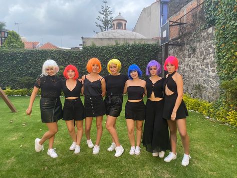 30th Birthday Wig Party, Different Colored Wigs Party, Bachelorette Color Theme Outfits With Wigs, Color Theme Bachelorette Party Wigs, Neon Wig Bachelorette Party, Colorful Wigs Bachelorette Party, Color Themed Party Outfit, Wig Theme Party Ideas, Wig Party Theme Birthday