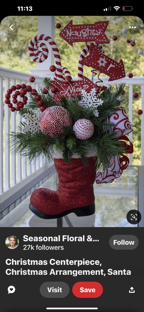 Christmas Floral Arrangements Diy, Coastal Christmas Tree, Christmas Boots, Santa Boots, Christmas Floral Arrangements, Floral Arrangements Diy, Christmas Arrangements, Coastal Christmas, Indoor Christmas Decorations