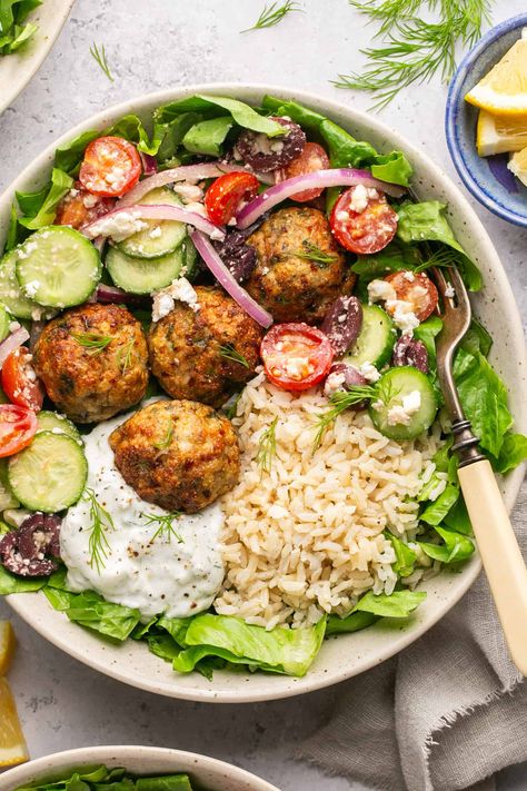 Mediterranean Chicken Meatball Bowls Chicken Meatball Bowls, Oh Snap Macros, Greek Chicken Meatballs, Meatball Bowls, Mediterranean Meatballs, Chicken Meatball, Homemade Tzatziki Sauce, Greek Meatballs, Homemade Tzatziki