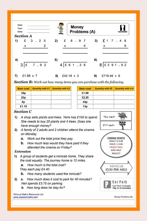 Year 5 Worksheet: Money Problems Year 5 Maths Worksheets, Year 5 Maths, Money Word Problems, Ks2 Maths, Division Activities, Maths Worksheets, Money Worksheets, Diy Hair Accessories Ribbon, Gcse Math