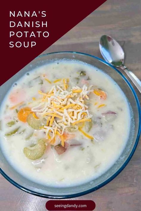 danish potato soup recipe Danish Soup, Creamy Soup Recipes, Potato Dumplings, Danish Food, Soups Stews Chilis, Potato Soup Recipe, Family Cookbook, Chowder Recipes, Creamy Soup