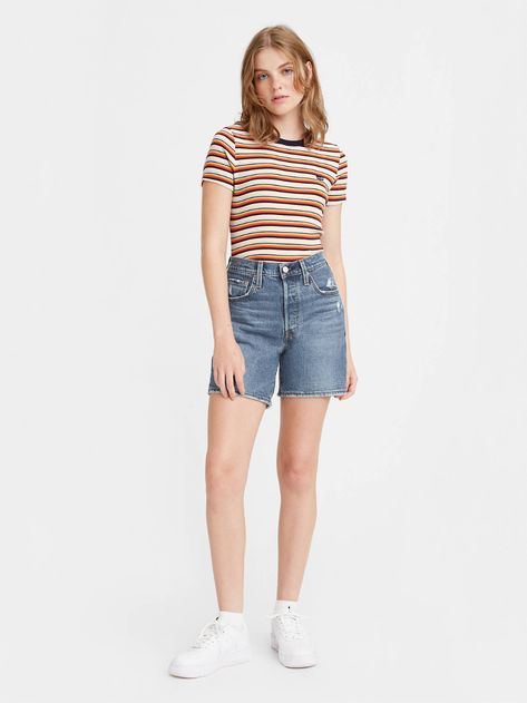 Jeans, Denim Jackets & Clothing Long Jean Shorts Outfit, Summer In La, Rectangle Body Shape Outfits, Campus 00, Long Jean Shorts, Long Denim Shorts, 00s Style, Summer 2024 Fashion, Jean Short Outfits