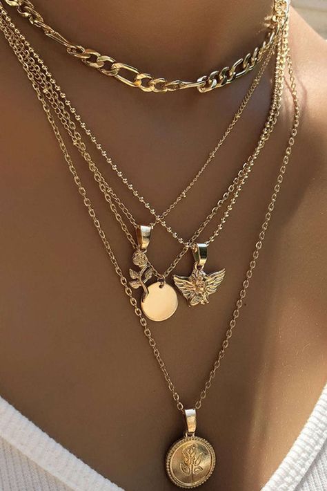 Rose & Angel Layered Necklace Multi Layered Necklace, Rosé Angel, Preppy Jewelry, Pretty Jewelry Necklaces, Multi Layer Necklace, Jewelry Accessories Ideas, Dope Jewelry, Estilo Punk, Jewelry Fashion Trends