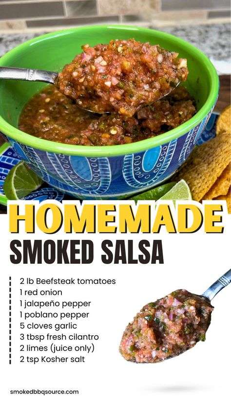 Homemade smoked salsa served in a colorful bowl. Fall Finger Foods, Smoked Salsa, Smoked Vegetables, On The Smoker, Bbq Appetizers, Gourmet Bbq, Homemade Salsa Recipe, Beefsteak Tomato, Homemade Salsa