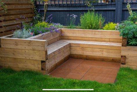 Raised Bed Corners, Garden Landscaping Diy, Outdoor Bbq Area, Garden Seating Area, Corner Seating, Planter Beds, Sleeper Bed, Garden Grove, Small Yard