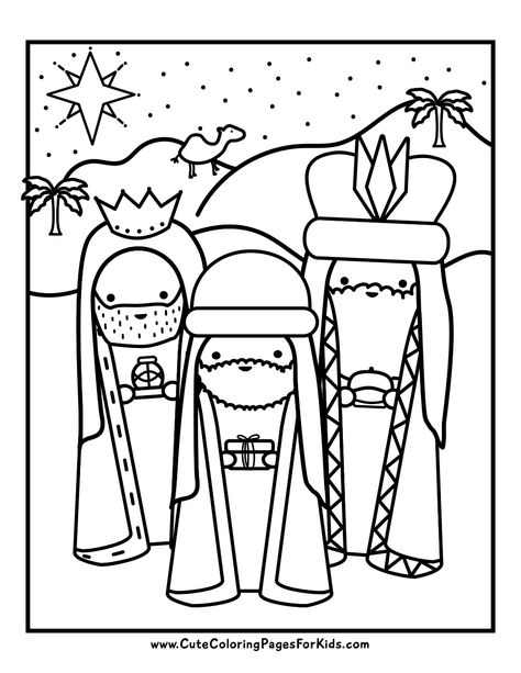 line drawing coloring page showing illustration of the 3 wise men, in the desert with a camel in the background Epiphany Coloring Pages Free Printable, Preschool Nativity Coloring Pages, Nativity Crafts For Preschoolers Simple, Nativity Colouring Printables, Three Wise Men Coloring Page, Three Wise Men Craft Preschool, Advent Coloring Pages For Kids, Nativity Scene Coloring Pages For Kids, Christmas Christian Coloring Pages