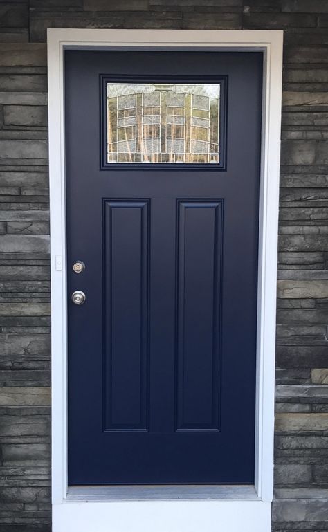 Blue Front Door, Navy Front Door, Paint Color: Salty Dog, Sherwin-Williams, Versetta Stone: Sterling, Therma-Tru Benchmark Fiberglass Door Emerson Craftsman 1-Lite Navy Blue Exterior Door, Navy Blue Front Door Gray House, Dark Blue Door Exterior, Blue Entry Door, Blue Doors Front Entrance, Dark Blue Front Door, Navy Blue Front Door, Slate Blue Paint Colors, Navy Blue Door