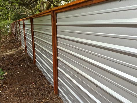 A galvanized corrugated metal fence creates a clean, modern edge to the landscape. Design/Build by LandArc Landscaping & Design Sheet Metal Fence, Cheap Privacy Fence, Corrugated Metal Fence, Diy Privacy Fence, Metal Fence Panels, Privacy Fence Designs, Cheap Fence, Plans Architecture, Diy Fence