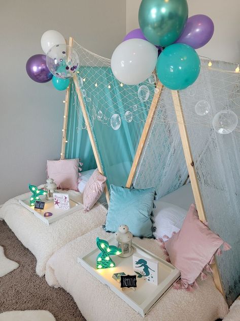 Mermaid Teepee Party, Mermaid Sleepover Party, Beach Sleepover, Luxury Sleepover, Girls Play Tent, Dolphin Birthday Parties, Dolphin Birthday, Teepee Sleepover, Kids Party Tables