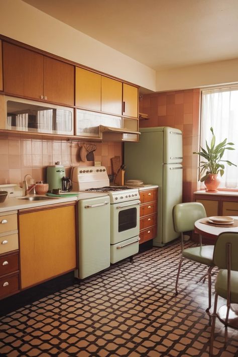 Atomic Age Kitchen, Mid Century Modern Trailer, Mid Century Modern Tiny Kitchen, Mod Century Kitchen, Cozy Kitchen Modern, Midcentury House Interior, 1960s Inspired Kitchen, Mid Century Modern Mobile Home, Mid Century Airbnb