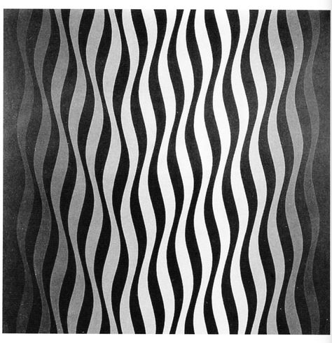 3) Rhythm — Flowing ; the design in this picture is simple and consists of a pattern of lines. However, these lines appear wavy and have a certain shape and structure to them, hence creating the illusion of the design moving. Due to that, this picture demonstrates the flowing rhythm principle. Principles Of Design Rhythm Drawing, Principles Of Design Movement, Rhythm In Design, Bridget Riley Op Art, Repetition Art, Rhythm Art, Movement Drawing, Bridget Riley, Drawing Examples