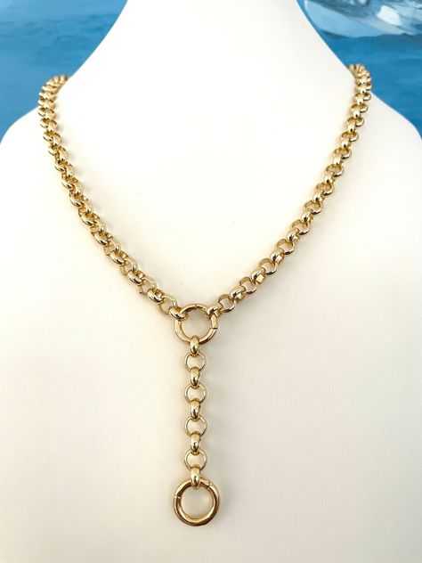 FREE SHIPPING! This is a beautiful versatile high quality 18k Gold Filled Chunky Rolo Chain Necklace with Two Snap Ring Charm Holders  Also available in Silver (Rhodium) Rings open allowing you to customize your own necklace and wear with charms of your choice. All charms in my shop are also available for purchase. Available in your choice of 16, 17, 18, 20, 22, 24 and 30 inches. Your necklace will have a 2 inch extender allowing you to adjust the length.  Drop chain length including charm holde Charm Holder Necklace, Charm Holder, Snap Ring, Necklace Layering, Necklace Ring, Necklace Charm, Rolo Chain, Ring Necklace, Layered Necklaces