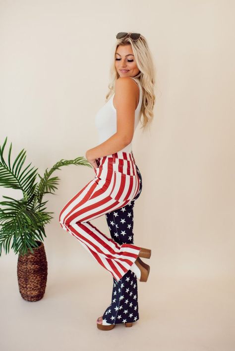 “That's a Beautiful Color on You” ... American Flag Bell Bottoms, Patriotic Country Outfit, Patriotic Womens Outfit, Red White And Blue Outfits For Women, American Themed Party Outfit, Labor Day Outfits Women, Usa Themed Outfits, Patriotic Pageant Wear, Usa Theme Outfit