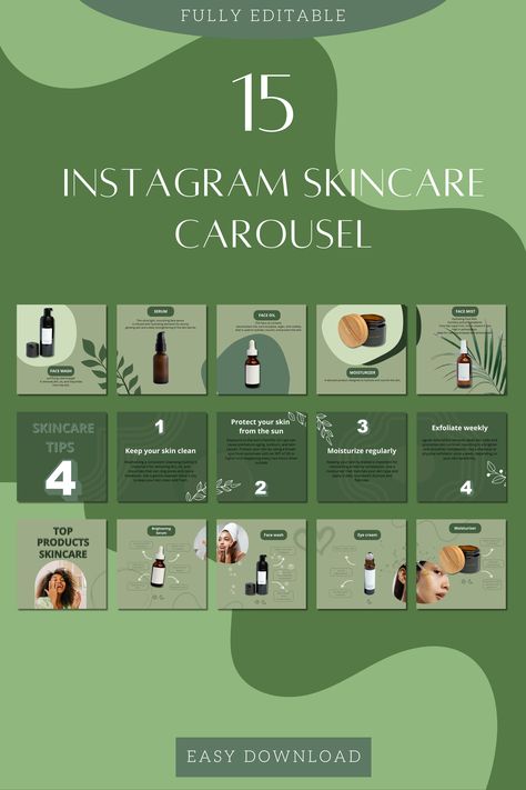 15 Skincare Instagram carousel for Canva, Editable, Canva Templates for Instagram, Instagram Posts, IG Carousel Posts, Green #Instagramgrid #etsy #etsyshop #etsyseller #etsydigital #instagramtemplates #instagramreels #instagram #canva #canvadesign #instagramdesign #pinterest #aesthetic #canvatemplates #Instagramcarousel Skin Care Carousel, Aesthetic Carousel Instagram, Carousel Layout Design, Skincare Carousel Post, Insta Carousel Design, Ig Carousel Design, Skincare Carousel, Carousel Post Ideas, Instagram Carousel Design Ideas