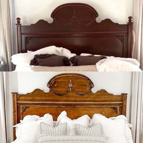 Diy Antique Headboard, Antique Headboard Bedroom, Antique Master Bed, Vintage Wood Bed, Antique Headboard Ideas, Diy Vintage Headboard, Refinished Headboard, Victorian Headboard, Headboard Redo