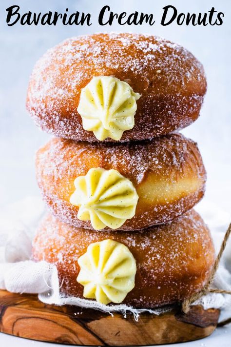 Bavarian Cream Donuts #donuts #bavarian #custard #vanilla #doughnuts #oktoberfest #german #desserts #dessert #filleddonuts #donut #dessert #breakfast #bavariancream #vanillabean Cream Filled Donuts, Donut Filling, Pastry Cream Filling, Homemade Donuts Recipe, Homemade Doughnuts, Pembuat Roti, Oktoberfest Food, Bavarian Cream, Filled Donuts