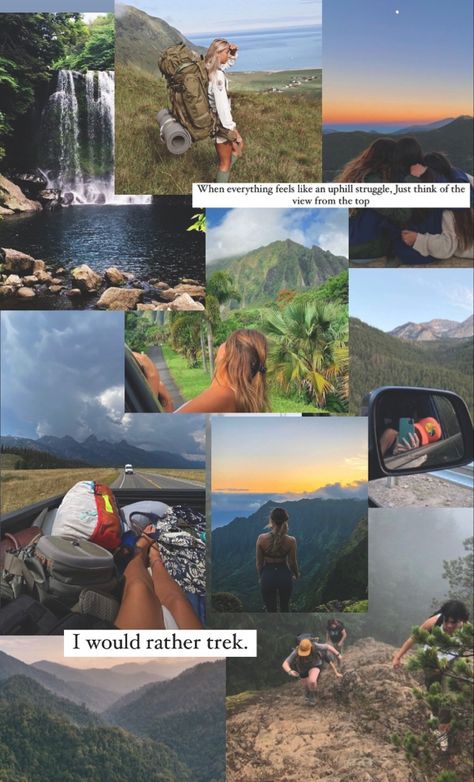 Travel Outfit Trekking, Trek Aesthetic Pictures, Vacation Picture Collage Ideas, Travelling Aesthetic Quotes, Pose With Mountain, Caption On Mountains View, Travel Moodboard Aesthetic, Instagram Mountain Story, Hiking Post Instagram