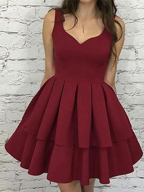 Vestidos Color Vino, Burgundy Homecoming Dress, Simple Homecoming Dresses, Burgundy Homecoming Dresses, Graduation Party Dresses, Cheap Homecoming Dresses, Burgundy Shorts, Satin Homecoming Dress, Dress With Pleats