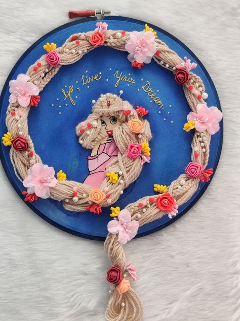 Rapunzel on hoop using acrylic colours and wool embroidery. Adorned with flowers Rapunzel Embroidery, Acrylic Colours, Wool Embroidery, Embroidery Hoop Art, Hoop Art, Acrylic Colors, Embroidery Hoop, Rapunzel, Embroidery Patterns