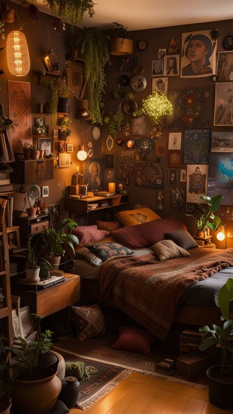 Cozy Bedroom Delights: Comfort Zone #HomeDecor Goblincore Aesthetic Room, Hippie Apartment Aesthetic, Hippie Apartment, Goblincore Room, Decorating Apartment, Home Decor Apartment, Bedroom Nook, Hippie Aesthetic, Apartment Makeover